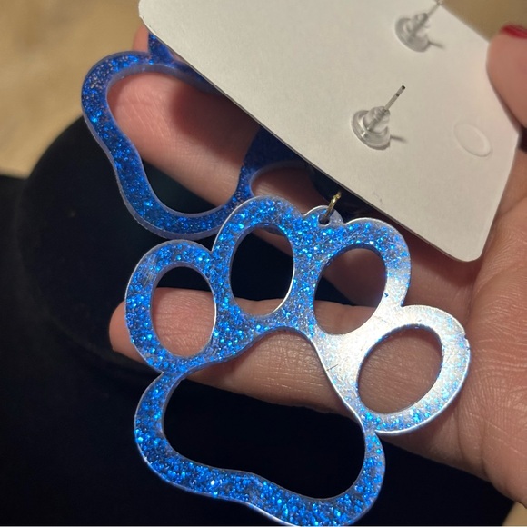 Cute Resin Cat Paw Stud Dangle Glitter Hook Earrings - Kitty Paw Earring BLUE - Picture 5 of 7